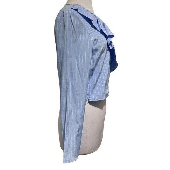 Freshman Crossover Asymmetric Ruffle Cotton Top Blue White Pinstripe LS Sz M - Picture 2 of 6
